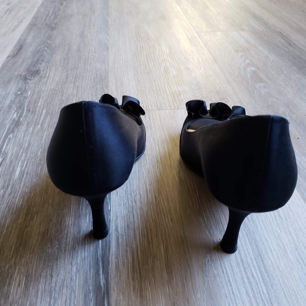 Black Satin Open Toe Pumps - Picture 4 of 9